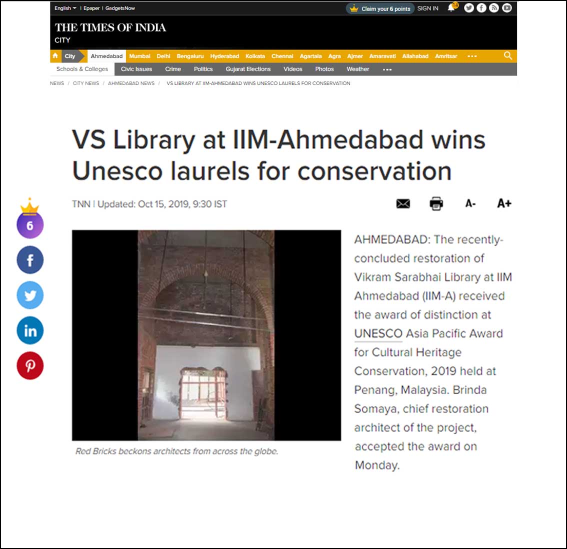 V.S Library at IIM- Ahmedabad wins UNESCO Laurels for Convervation, Time of India- October 2019